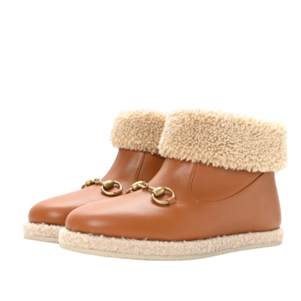 NWOB Gucci Fria Horsebit Ankle Boots Womens 41 10 Brown Leather Sherpa Lined NEW - Picture 2 of 13